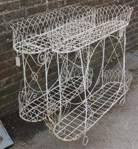 Victorian painted wire work two-tier plant stand and another, similar